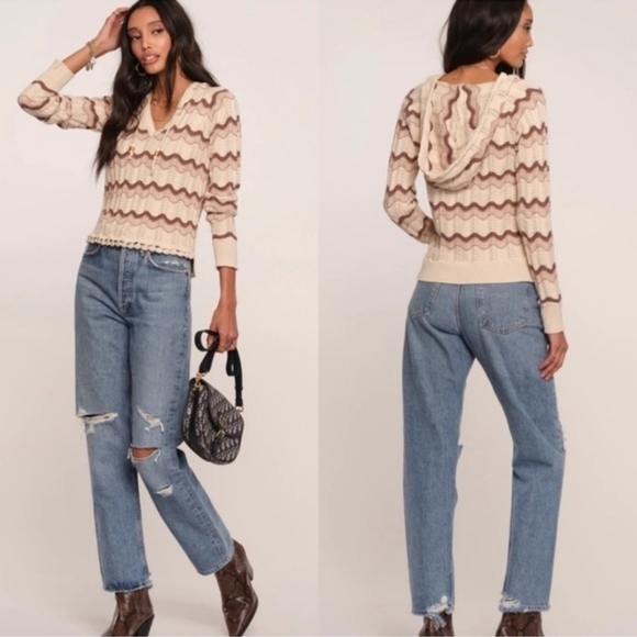 Heartloom Elias Chevron Pattern Knit Hooded Sweater Tan Brown 100% Cotton - Picture 9 of 17